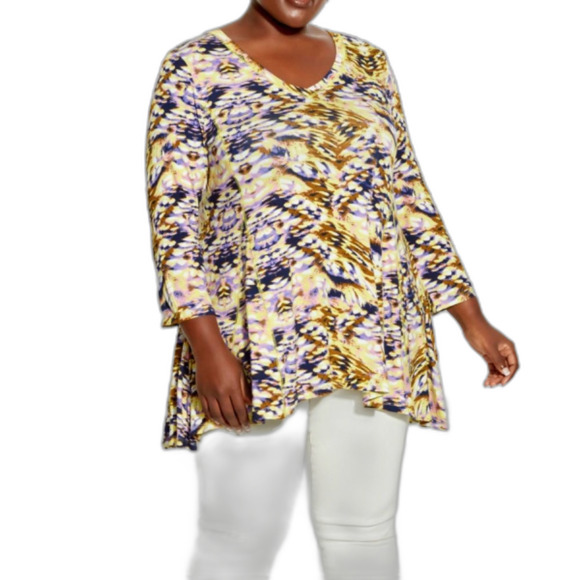 Avenue Patterned 3/4 Sleeve Top Multi Color Yellow Size 20 - Picture 1 of 11